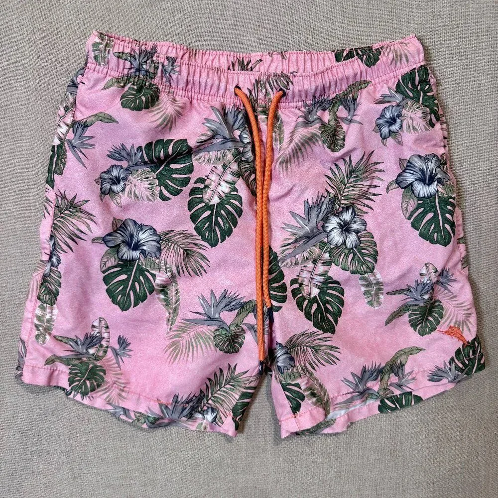 Tommy Bahama Men’s Swim Trunks Medium Pink Tropical Hibiscus Leaf Print